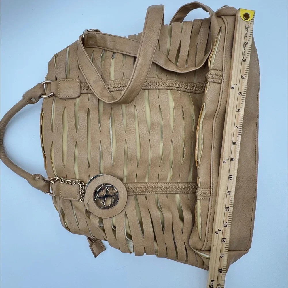 Womens Tan Satchel Bag Purse Cutout Detail Chain‎ Charm Optional Strap Boho Chic